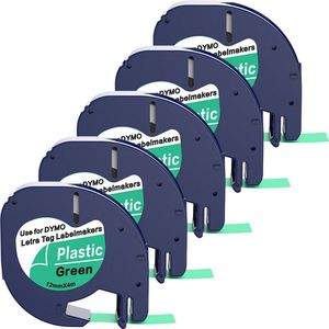 Boxstuff - Dymo LetraTag 91204 - S0721640 - Label Tape - Zwart op Groen plastic - 12 mm x 4 m - 5 Stuks