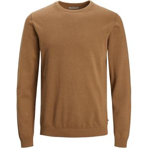 JACK & JONES Basic knit crew neck slim fit - heren pullover katoen met O-hals - camel bruin - Maat: S