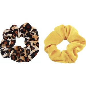 Scrunchie 2 stuks Velvet Extra Vol en Luxe Panterprint bruin/zwart Geel  - haarwokkel haarelastiek - scrunchies - Kraagjeskopen.nl