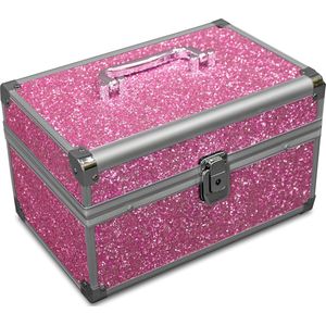 Sieradenkistje in roze, glitterlook, premium beauty-koffer, inklapbare vakken, stijlvol in vorm en design