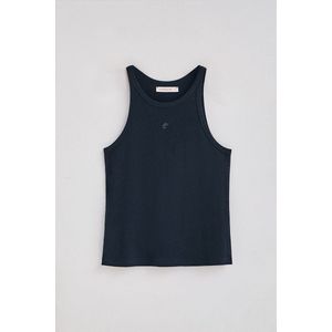 Marineblauw T-shirt van linnen en katoen met geborduurd monogram