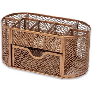 Rosegold Wiremesh organizer met lade - opgeruimd bureau - pennenhouder - kantooropslag - potloodopslag - 8 compartimenten - briefpapier Caddy - H105 x B22 x D11 cm