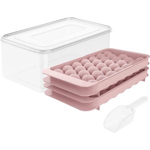 Ronde ijsblokjeshouder voor vriezer met container, mini-cirkelvormige ijsblokjeshouder, 66x 3 cm stukken, bolvorm, ijskoeler, thee en koffie (2 roze trays, 1 container en schep)