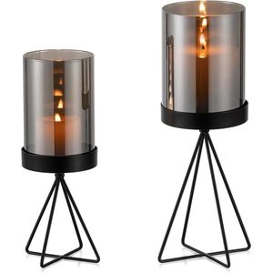 Zwart Metalen Windlicht Kaarshouder - Moderne Geometrische Tafeldecoratie met Glas - Woonkamer Vensterbank Binnen en Buiten .