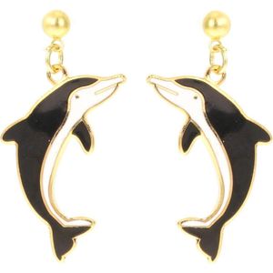 Behave Oorbellen hangers dolfijn zwart wit emaille 3,5 cm