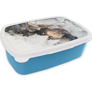 Broodtrommel Blauw - Lunchbox - Brooddoos - Marmer - Zwart - Wit - Goud - Luxe - Abstract - 18x12x6 cm - Kinderen - Jongen