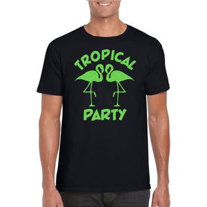 Bellatio Decorations Tropical party T-shirt heren - met glitters - zwart/groen - carnaval/themafeest M