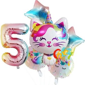 Eenhoorn Ballonnen Set - 5 Jaar - 6 Stuks - Kinder Verjaardag - Thema Feest Unicorn - Eenhoorn Kinderfeestje - Feestversiering / Verjaardag Ballonnen - Kat - Meisjes Versiering - Roze Ballon - Witte ballon - Multi colors - Regenboog - Helium