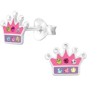 Joy|S - Zilveren prinsessen kroontje oorbellen - 8.6 x 6.8 mm - roze paars met kristalletjes - kinderoorbellen