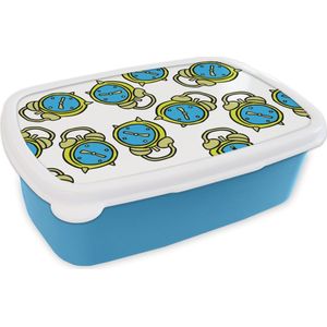 Broodtrommel Blauw - Lunchbox - Brooddoos - Wekker - Patroon - Cartoon - Slapen - 18x12x6 cm - Kinderen - Jongen