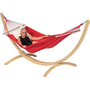 Hangmat met Standaard Eénpersoons 'Wood & Relax' Red | Complete hangmatset | Bevestiging inclusief | 120 KG | 352 CM | Polycotton + Vurenhout (FSC® Mix) | 1% For The Planet | Tropilex