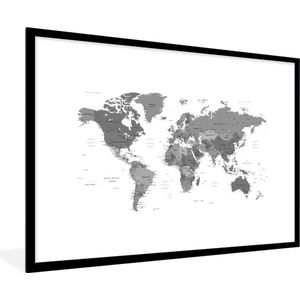 Fotolijst incl. Poster Zwart Wit- Wereldkaart in grijstinten - zwart wit - 120x80 cm - Posterlijst