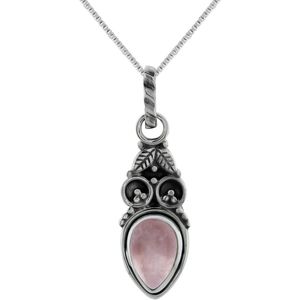 Zilveren ketting dames met hanger | Zilveren ketting, rozenkwarts steen met blaadjes en geoxideerde delen