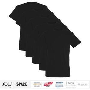 5 Pack Sol's Jongens/Meisjes T-Shirt 100% biologisch katoen Ronde hals Zwart Maat 118/128 (7/8 Jaar)