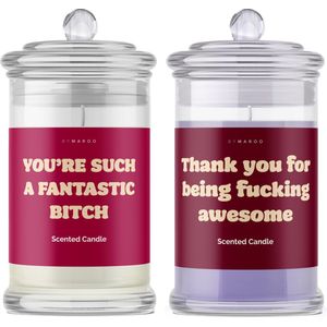 Kaarsen geschenkset Grappig - You Are Fucking Awesome & Such A Fantastic Bitch - Grappige Vanille & Lavendel Geurkaarsen in Glas met Tekst - Verjaardag Cadeau Vrouw, Vriendin - Geschenkset - Happy Birthday