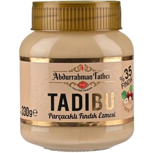Abdurrahman Tatlıcı Tadıbu Deeltjes Hazelnootpasta %35 hazelnoot ( Glutenvrij ) 330 gr - Tadıbu Parçacıklı Fındık Ezmesi %35 Fındık (Glutensiz) - Tadıbu Particles Hazelnut Paste %35 hazelnut (Gluten Free) 330 gr