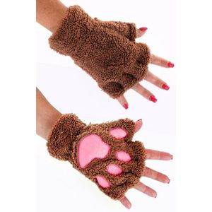 KIMU Dierenpoot Vingerloze Handschoenen Bruin Pluche - Vingerloos Beer Pootjes - Kattenpootjes Hondenpootjes Berenpoten Dierenpootjes Fleece Festival