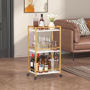 Bar Wagen, 3 Tier Barwagen met Wielen, Thee Serveerwagen op Vergrendelbare Wielen, Keuken Cocktail Wijn Wagen voor Eetkamer Woonkamer, Drank Kar, Barwagen met Wielen 43,2 x 30 x 81,5 cm, Goud