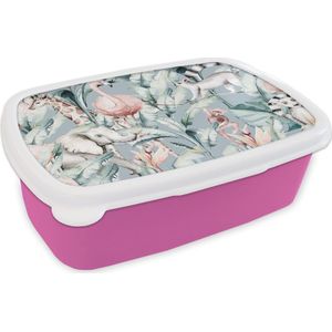 Broodtrommel Roze - Lunchbox - Brooddoos - Aquarelverf - Dieren - Jungle - Kleuren - Jongens - Blauw - Kinderen - Kind - 18x12x6 cm - Kinderen - Meisje