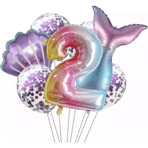 Zeemeermin Verjaardag Set - Leeftijd: 2 Jaar - Zeemeermin / Mermaid Ballonnen - Feestversiering - Verjaardag Versiering - Kleur: Roze / Paars - 7 stuks - Kinderfeestje - Meisje Verjaardag Versiering - Feestpakket - Hoge kwaliteit