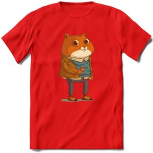 Casual kat T-Shirt Grappig | Dieren katten Kleding Kado Heren / Dames | Animal Skateboard Cadeau shirt - Rood - XXL