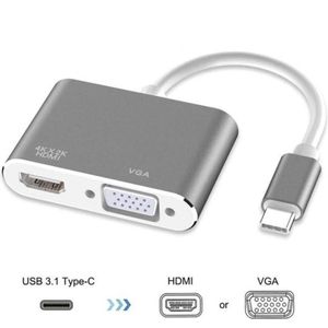 DrPhone CHX - 2 in 1 Adapter USB-C naar HDMI & VGA - 4k 3840*2160P / 30Hz - 2 Display Aansluiten - Zilver