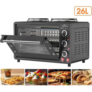 SMH LINE® Mini Vrijstaande oven met 2 kookplaten - 26L - 1400W - Camping oven - Convectie Mini Oven - Geëmailleerde Holte - Hetelucht & Grillfunctie Zwart