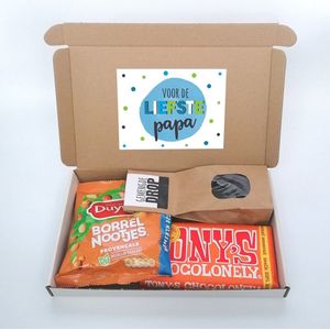 Vaderdag cadeau - Voor de liefste papa - Tony Chocolonely caramel zeezout - Duyvis borrelnootjes - Dropmix - Cadeau