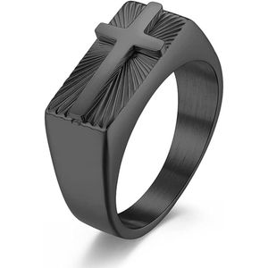 Zegelring Heren met Kruis - Zwart - Kruis Ring Heren - Staal - Herenring - Mannen Ringen - Cadeau voor Man - Accesoires