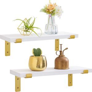 Zwevende planken wit set van 2 moderne decoratieve plank, goud metalen beugels rustieke houten wandplank voor slaapkamer, badkamer, woonkamer, keuken, kantoor