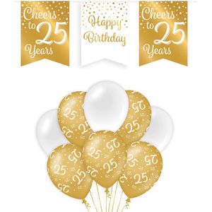 25 Jaar Verjaardag Decoratie Versiering - Feest Versiering - Vlaggenlijn - Ballonnen - Man & Vrouw - Goud en Wit