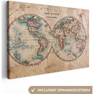 Canvas Wereldkaart - 90x60 - Wanddecoratie Wereldkaart - Vintage - Papyrus - Kids - Jongen - Meisje
