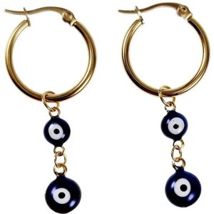 ∅20mm Oorbellen Dames - Verguld RVS - Oorringen met Twee Blauwe Turkse Oog Hanger - Bungelen Oorbellen