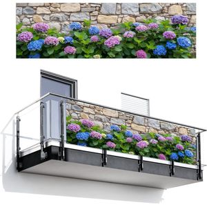 Balkonscherm 300x90 cm - Balkonposter Hortensia - Bloemen - Bladeren - Stenen - Balkon scherm decoratie - Balkonschermen - Balkondoek zonnescherm