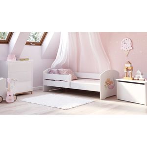Kinderbed Luk 160x80 met grafische elementen voor kinderen en een balustrade, inclusief matras en onderstel