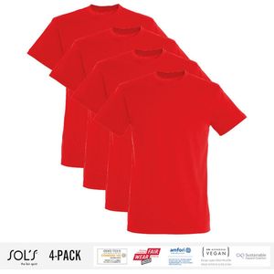 4 Pack Sol's Heren T-Shirt 100% biologisch katoen Ronde hals Rood Maat M