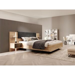 Bed met nachtkastjes – 140 x 190 cm – Met ledverlichting – Kleur: houtlook en antraciet – Met bedbodem – ELYNIA L 236.4 cm x H 104.4 cm x D 200 cm