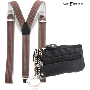 Safekeepers bretels - bretel taupe met rode streep - zwarte sleuteletui - bretels - sleuteletuis