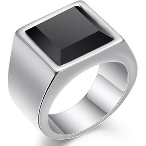 Zegelring Heren Zilver kleurig met Zwarte Steen - Staal - Ring Ringen Mannen - Cadeau voor Man - Mannen Cadeautjes