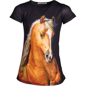 Meisjes - t-shirt - korte mouwen- paard - horse - print - zwart - maat 104