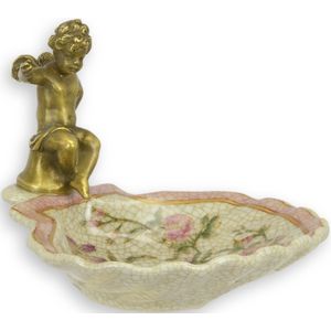 Bronzen engel - Porseleinen zeephouder - Bloemen schilderingen - 11 cm hoog