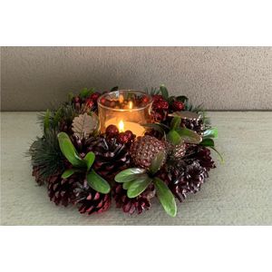 Kerstkrans / stuk 25 cm rond bordeaux rood 1 theelichthouder & dennenappels groen blad | NFT-85064 | La Galleria