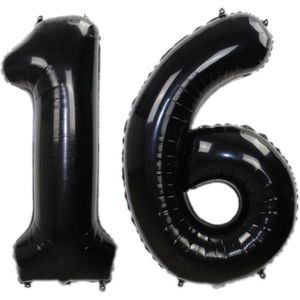 Folie Ballon Cijfer 16 Jaar Zwart 36Cm Verjaardag Folieballon Met Rietje