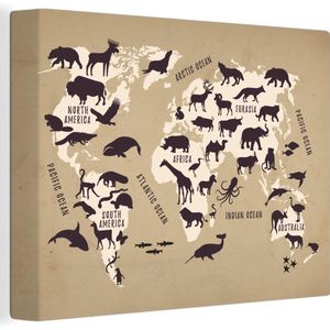 Wanddecoratie Wereldkaart - Dieren - Bruin - Canvas - 80x60 cm