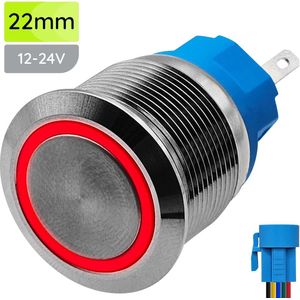 ProRide Metalen Drukschakelaar 12V ON-OFF - 22mm - Aan/uit schakelaar met Aansluitkabel - Spatwaterdicht - 12V/24V - LED Indicatie Rood