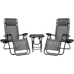 Ligstoelen Milano - Grijs - Tuinstoelen - Verstelbare tuinstoel en ligstoel - Met tafel - 2 personen - 90°-160° - Tuin - Metaal