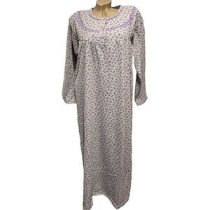 Dames flanel nachthemd lang met bloemetjes L grijs/paars