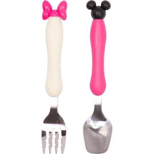 Kinderbestekset - Vork en Lepel - Minnie Mouse - rvs met plastic handgreep - Roze met Wit - 1 set