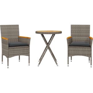 vidaXL - 3-delige - Bistroset - met - kussens - poly - rattan - en - acaciahout - grijs