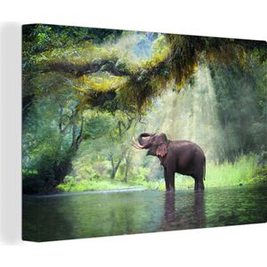 Canvas - Jungle - Olifant - Water - Zonlicht - Bomen - Natuur - Landschap - Muurdecoratie - Kamer decoratie - 180x120 - Canvas doek